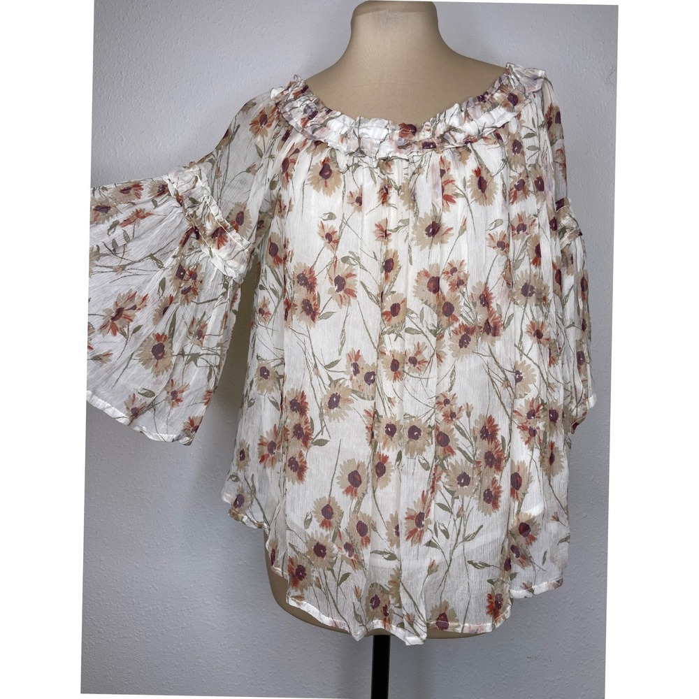 Lucky Brand Womens Blouse Floral Bell Sleeve Boho Peasant Festival Small White